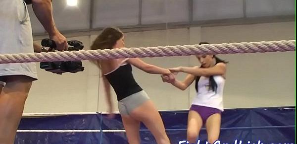  Lesbian eurobabes wrestling in a boxing ring